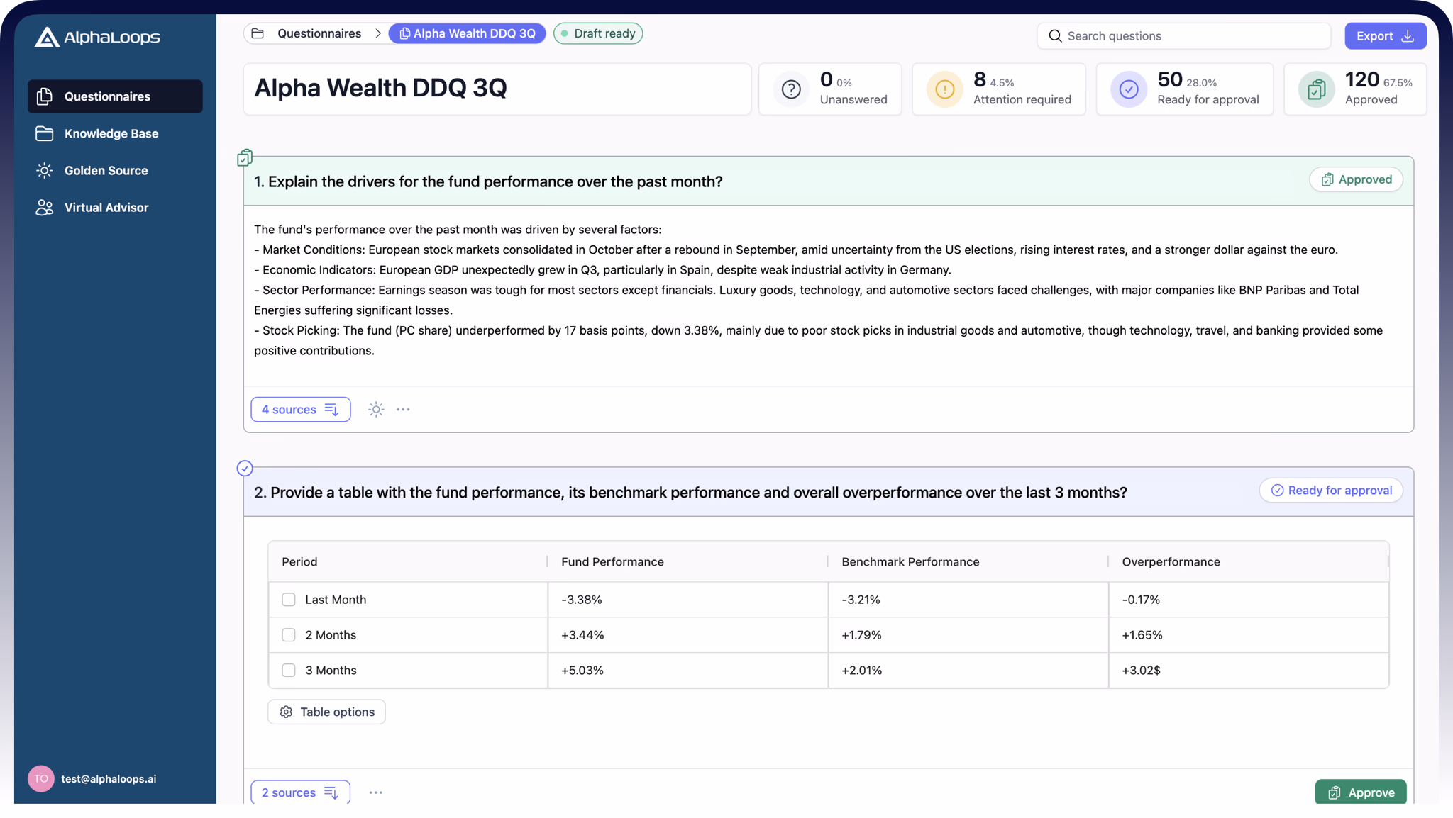 RFP/DDQ Automation Dashboard - Interactive Demo showing document processing, analysis, and response generation in action